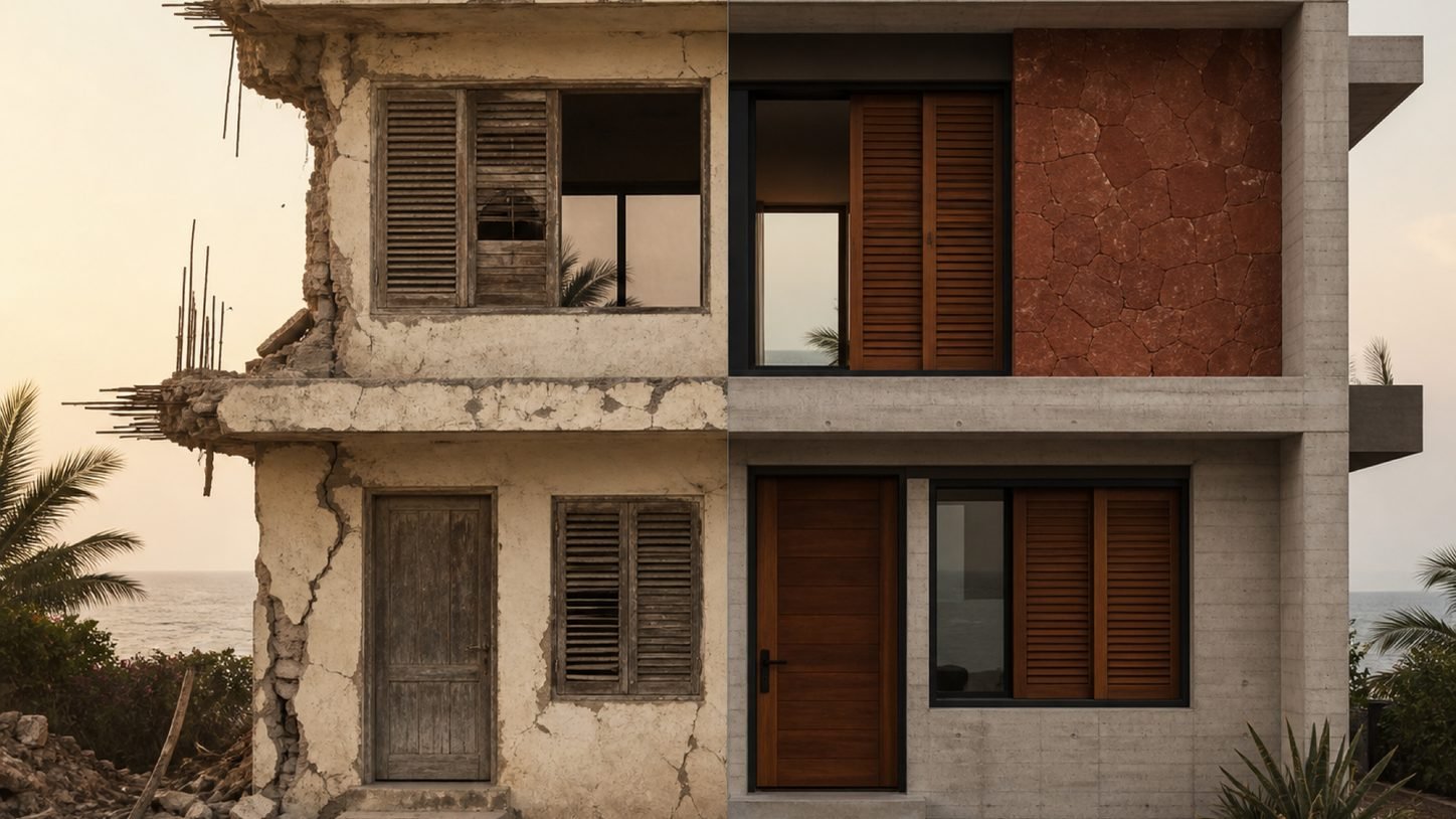 Casa costera antes y después de la reconstrucción integral